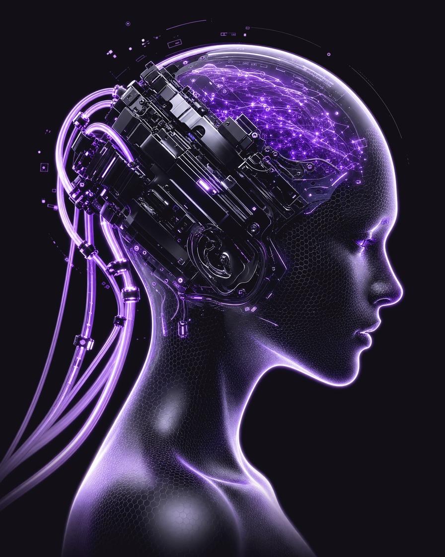 An AI agent in profile with violet cables running from its head